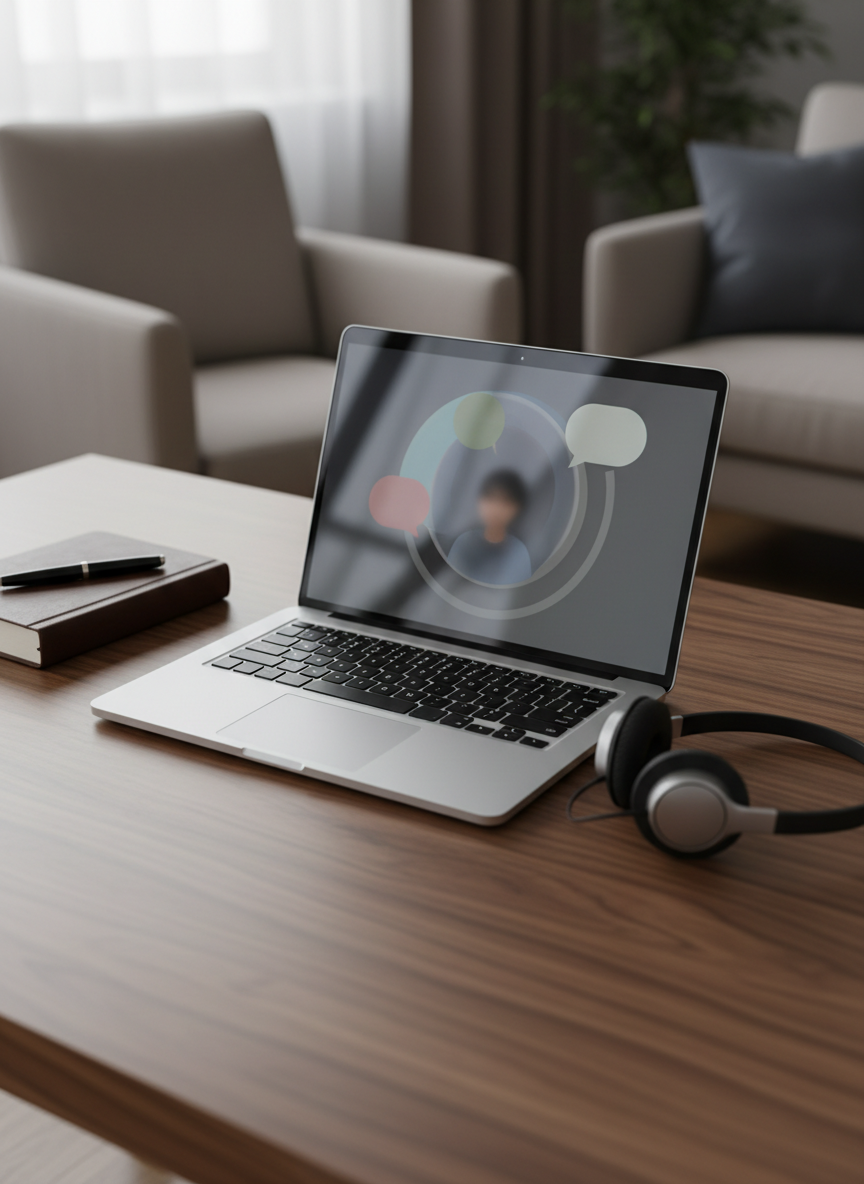A symbolic, meticulously arranged desk scene representing online and in-person psychoanalytic consultations, with no human presence. On a smooth walnut desk sits an open, high-end laptop displaying an abstract, out-of-focus video call interface, beside a classic leather-bound notebook and a fine black fountain pen. A minimalist headset rests near the laptop, suggesting online continuity of therapy, while in the background a blurred armchair and sofa hint at the physical consulting room. Diffused morning light from an unseen window creates soft reflections on the laptop’s metal surface. Photographic realism, shot from a three-quarter elevated angle, balanced composition, and a muted, elegant color palette conveying professionalism, discretion, and thoughtful presence.
