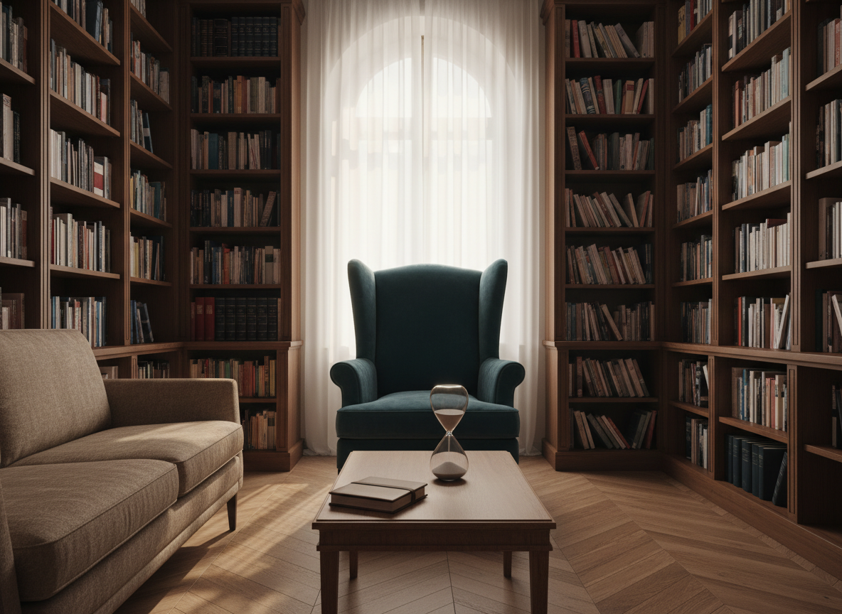 A refined therapy consulting room designed for a lacanian psychoanalytic practice, without any people present. A high-backed, dark teal upholstered armchair faces a simple, elegant sofa in neutral fabric, separated by a low wooden table holding a single closed notebook and a classic sand-filled hourglass. Tall bookshelves lined with philosophy and psychoanalysis volumes frame the scene. Soft afternoon light enters through a large window with sheer white curtains, casting gentle, elongated shadows on a parquet wooden floor. Photographic realism, eye-level composition, with a shallow depth of field that keeps the armchair and table in crisp focus while the background softly blurs, creating a sophisticated, calm, and introspective atmosphere suited to a professional psychologist’s website.