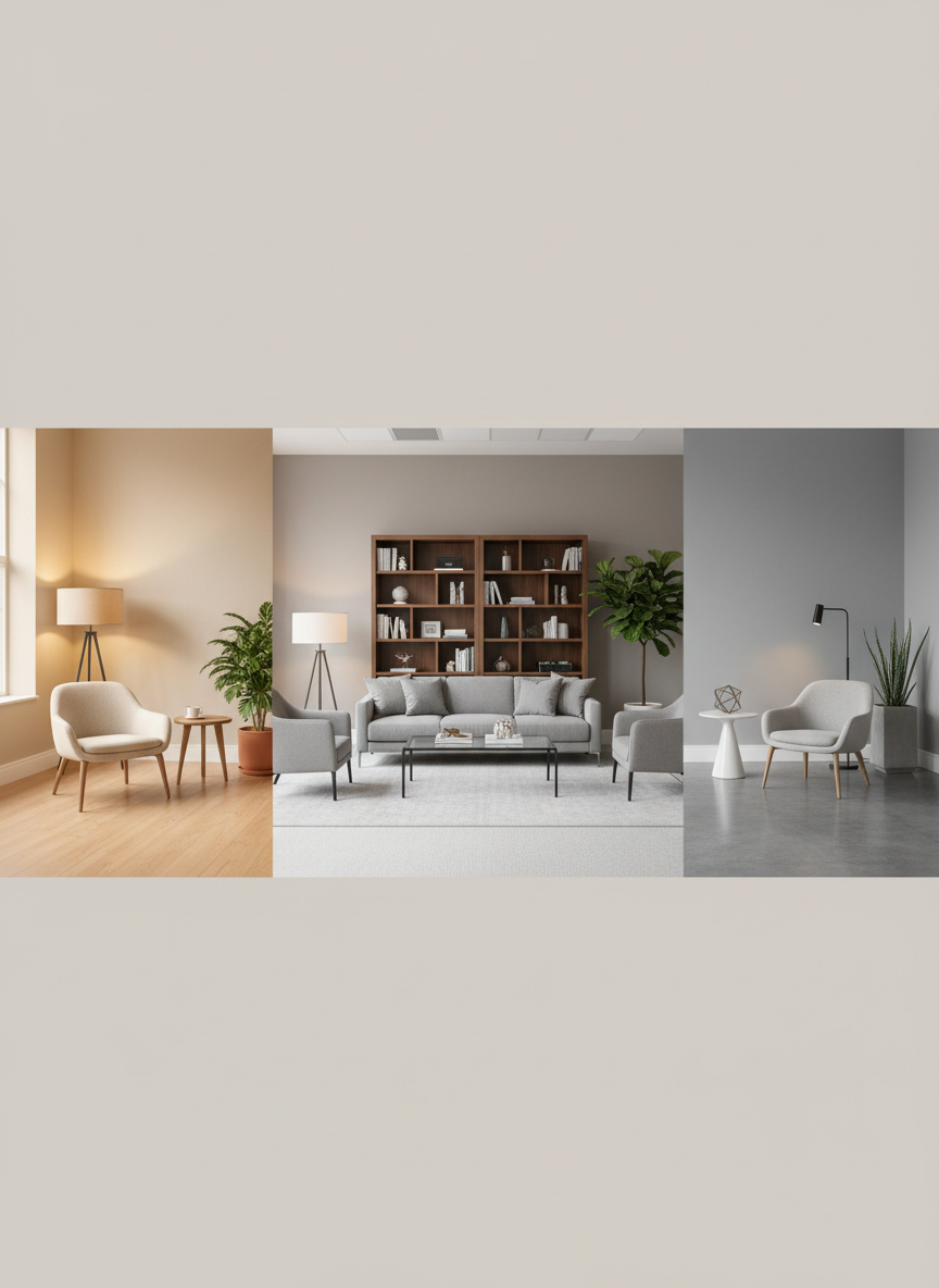 Three distinct, adjoining consulting environments subtly suggested in a single panoramic interior image, all devoid of people. On the left, a compact, warmly lit consulting space with a simple armchair and small table; in the center, a more spacious, refined room with a sofa, armchair, and tall bookcase; on the right, a slightly more minimalist area with a single armchair and side table, evoking a separate consultorio. The color palette moves from warm beige to cool grey, unifying the spaces through recurring elements like floor lamps and plants. Soft, even daylight filters across all three zones. Photographic realism, wide-angle lens, straight-on composition, creating a sophisticated yet welcoming impression of multiple practice locations.