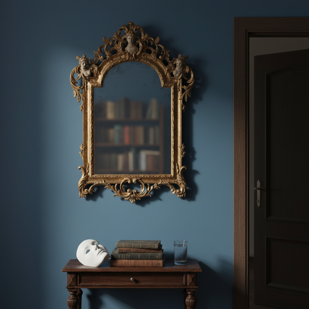 An abstract, symbolic representation of the unconscious and lacanian psychoanalysis rendered through objects in a quiet interior, with no people. A vintage, ornate mirror hangs on a matte, deep-blue wall, reflecting only a blurred, indistinct bookshelf. Below it, a low table holds a single white porcelain mask, a stack of classic psychoanalytic texts, and a glass of still water. A partially open interior door in the background hints at another unseen space. Dramatic side lighting from the left creates strong contrast, emphasizing textures and casting layered shadows. Photographic realism with a subtle cinematic feel, shot at eye level with a centered composition, evoking depth, enigma, and introspective complexity appropriate for a sophisticated lacanian psychology site.